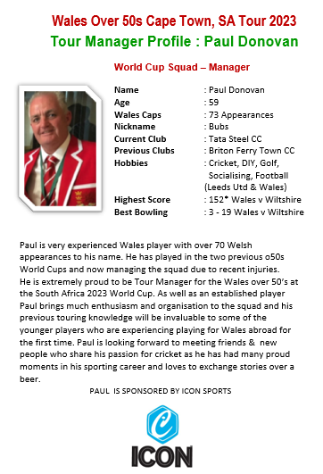 Paul Donovan's contribution as Tour Manager has been truly exceptional and the whole squad has a deep gratitude for all the work he has done. A fabulous cricketer in his own right and always loyal to the cause.

#walessecondinnings