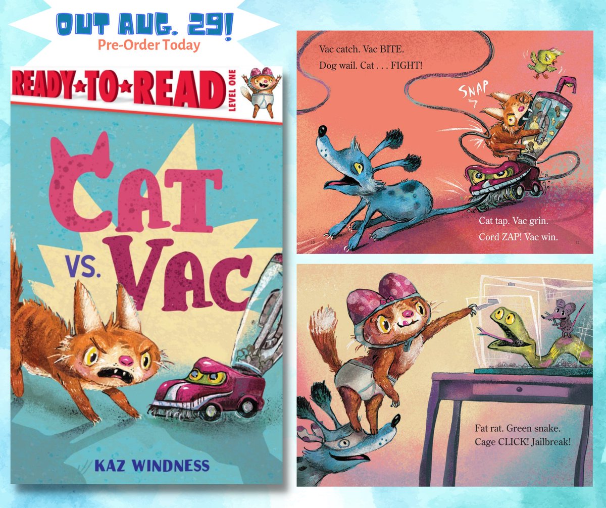 Hi #kidlitartpostcard! It's as good a day as any to reveal the cover and a sneak peek of CAT vs. VAC @SimonKIDS out this summer. I love drawing #animals and #underwear, so this has been a blast to work on.
#kidlit #illustration #picturebookart #earlyreader #catvsvac #pb23s