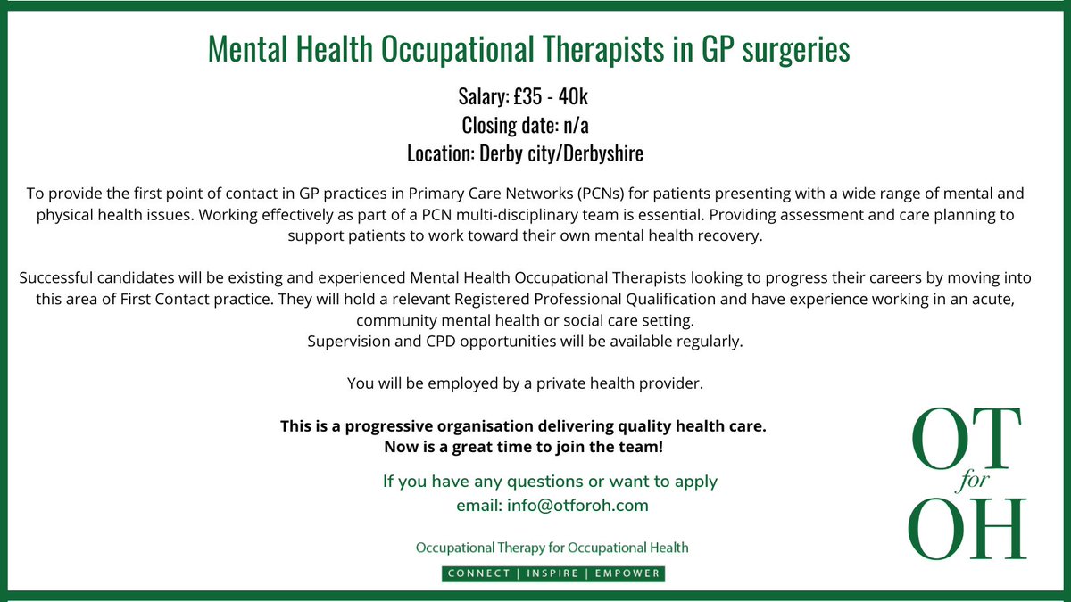 Calling Mental Health Occupational Therapists in the Derbyshire area.
Fantastic opportunity!
To apply or request a job description, direct message me or email: info@otforoh.com
#theRCOT #mentalhealthOT #PrimaryCareOTs #DerbyshireOTJobs