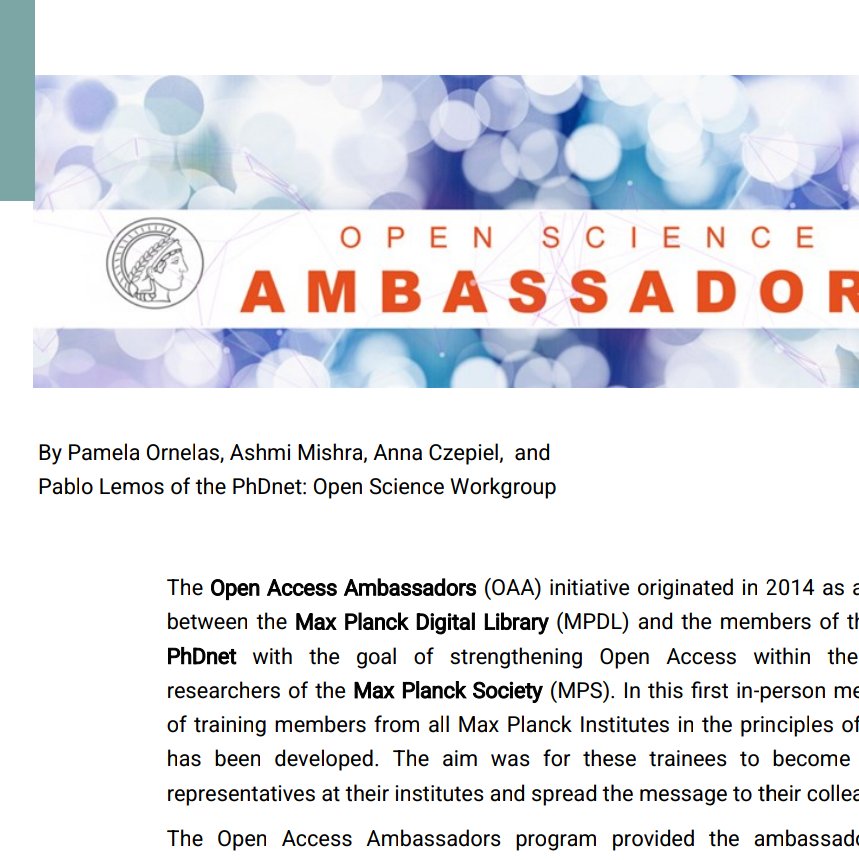 Pamela Ornelas (@paornelas9) on Twitter photo Interested in #OpenScience ? Check out our article in <a href="/MPPhdnetPodcast/">Offspring Magazine - The Podcast</a> about the <a href="/maxplanckphdnet/">Max Planck PhDnet</a> initiative Open Science Ambassadors, seeking to push the implementation of OS!
phdnet.mpg.de/202963/offspri… (p. 47) <a href="/maxplanckpress/">Max Planck Society</a> <a href="/MPDL/">Max Planck Digital Library</a> Interested in #OpenScience ? Check out our article in <a href="/MPPhdnetPodcast/">Offspring Magazine - The Podcast</a> about the <a href="/maxplanckphdnet/">Max Planck PhDnet</a> initiative Open Science Ambassadors, seeking to push the implementation of OS!
phdnet.mpg.de/202963/offspri… (p. 47) <a href="/maxplanckpress/">Max Planck Society</a> <a href="/MPDL/">Max Planck Digital Library</a>