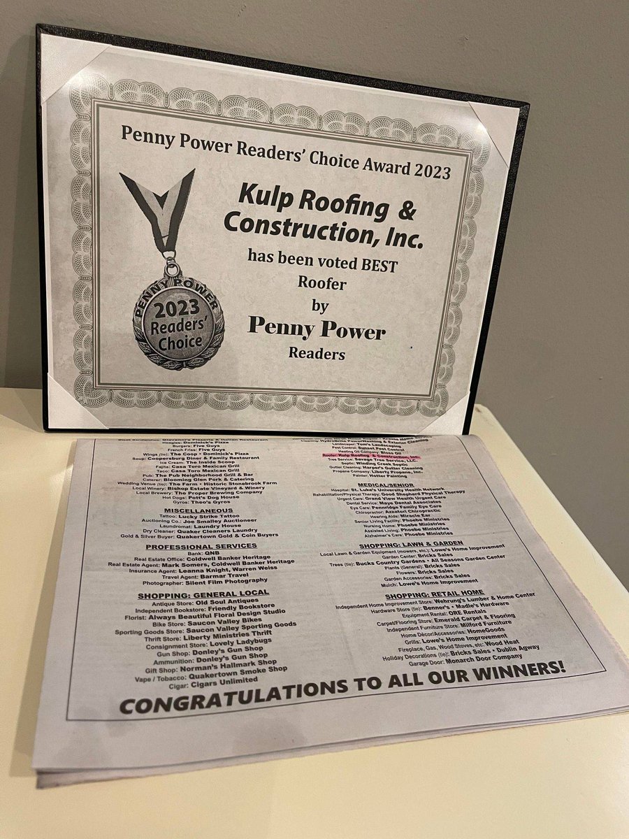 kulproofing's tweet image. Thank you to the readers of Penny Power for voting Kulp Roofing &amp;amp; Construction as the Best Roofer for 2023!

#kulproofing #pennypower