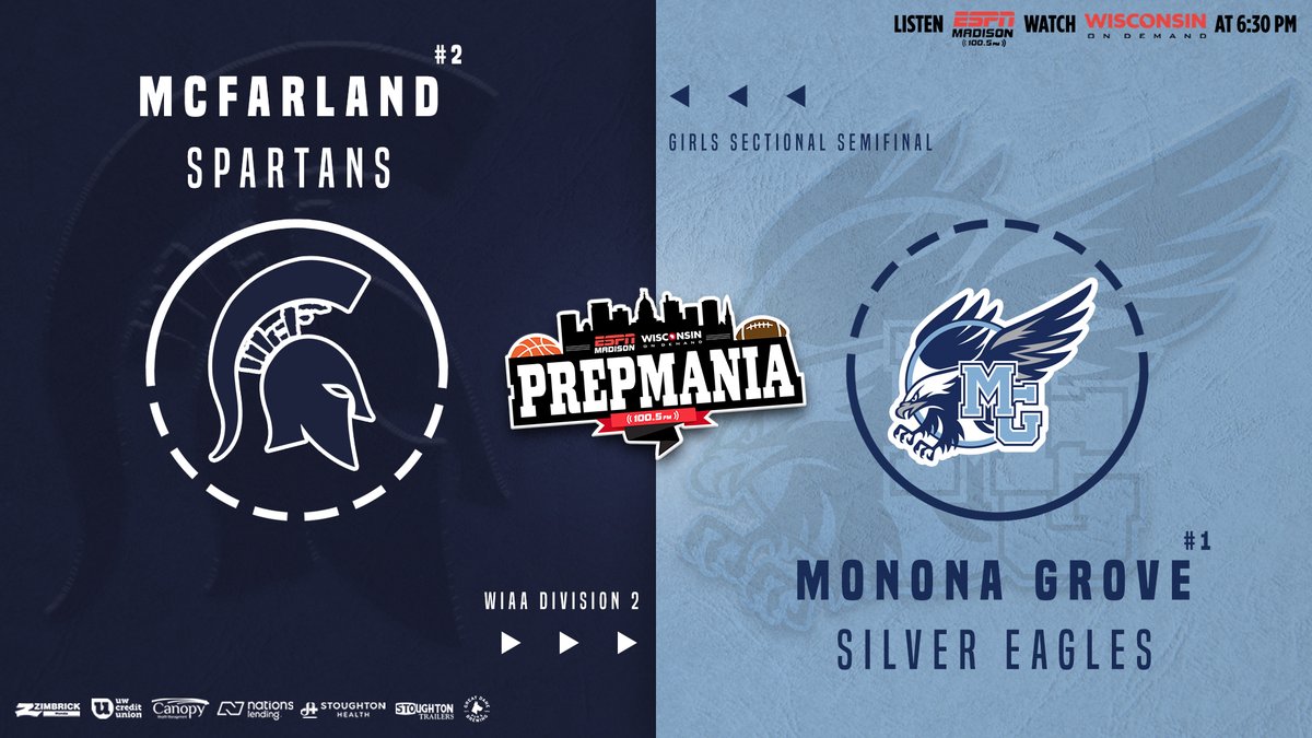 Division 2 Girls Sectional Semifinal TONIGHT for @ZimbrickHonda 's PrepMania. #2 McFarland High School vs. #1 Monona Grove High School Location: Stoughton High School LISTEN and WATCH LIVE: 6:30pm on 100.5 ESPN / wisconsinondemand.com/watch-live/