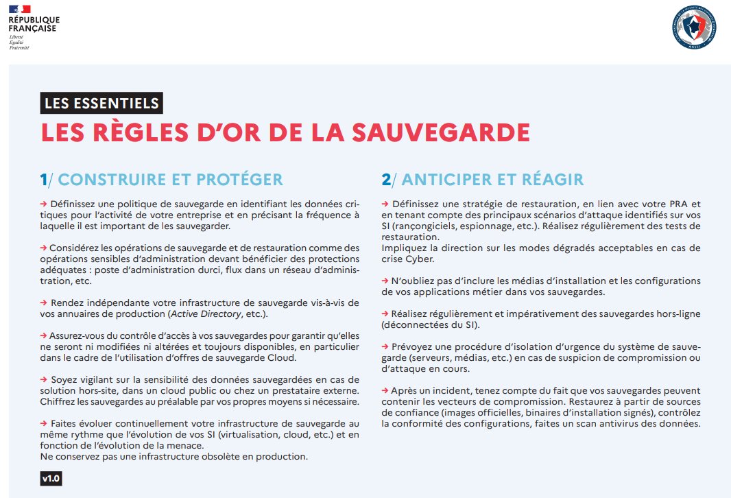 Les règles d'or de la sauvegarde par l'@ANSSI_FR 
#cybersecurite #rancongiciel