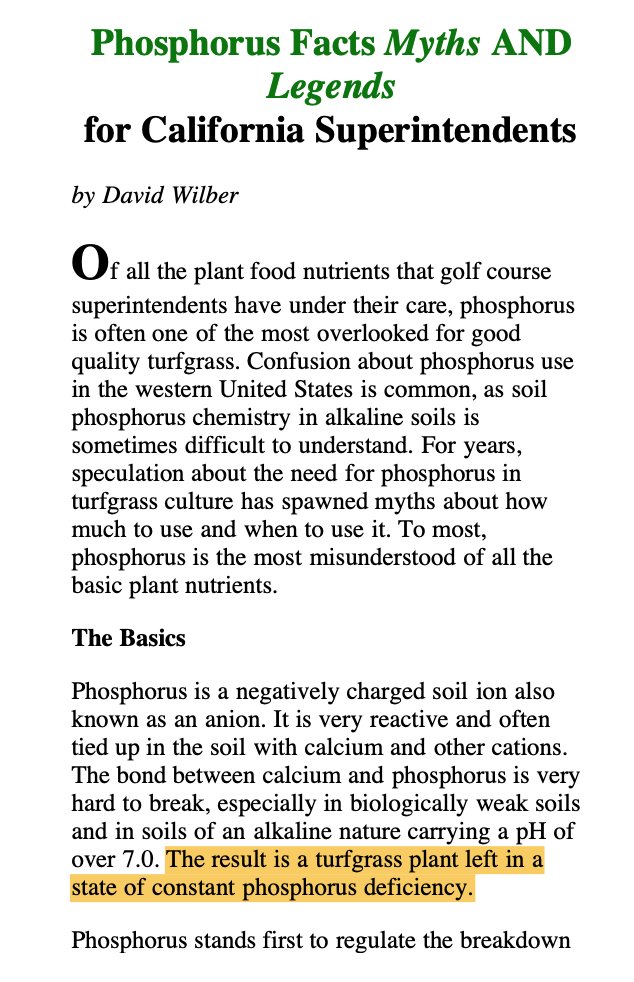 Back in 2008, A superintendent shared this article with me to explain the large P inputs we used during a grow-in at a high-profile, environmentally monitored property.  Can <a href="/TurfgrassZealot/">Dave Wilber</a> <a href="/asianturfgrass/">Micah Woods</a> <a href="/djsoldat/">Doug Soldat</a> explain how the plant is in a "constant Phosphorous deficiency"