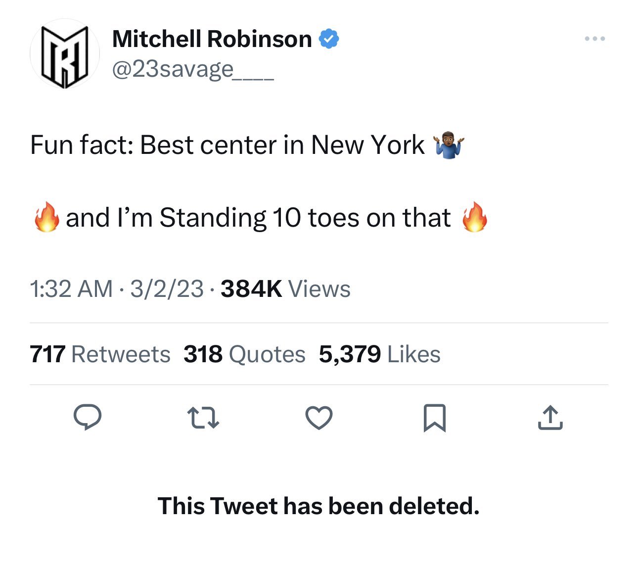 Knicks' Mitchell Robinson tweets he's best center in NY