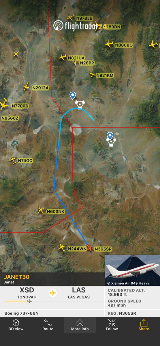 N365SR's tweet photo. Flight from Tonopah to Las Vegas 
https://t.co/d7p3KqsTkp #N365SR #JANET30 #JANET #TONOPAH #TonopahTestRange #KTNA #KLAS #LASVEGAS #VEGAS #FR24 https://t.co/P9Jld0vkyM