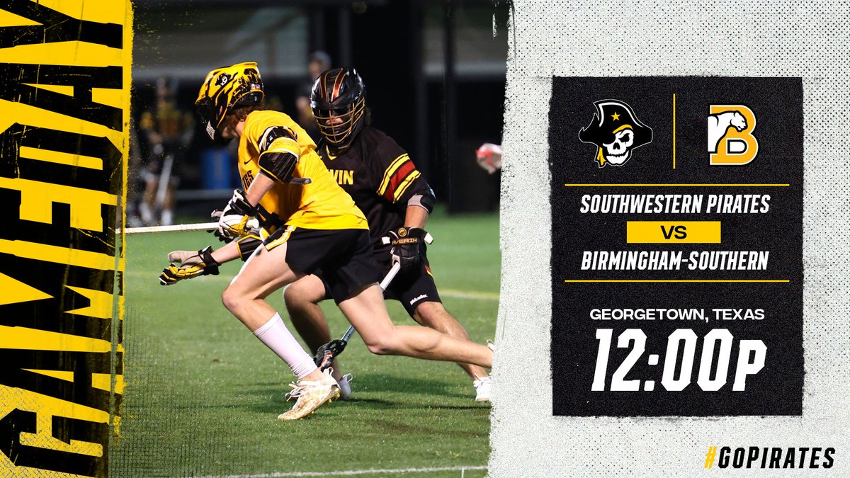 #GAMEDAY | <a href="/SUPiratesMLAX/">Southwestern MLAX</a> 
🆚<a href="/BscMensLax/">Birmingham-Southern Lacrosse</a>
⏰12:00 PM
📍Georgetown, Texas
📺portal.stretchinternet.com/swu/
📊portal.stretchinternet.com/swu/