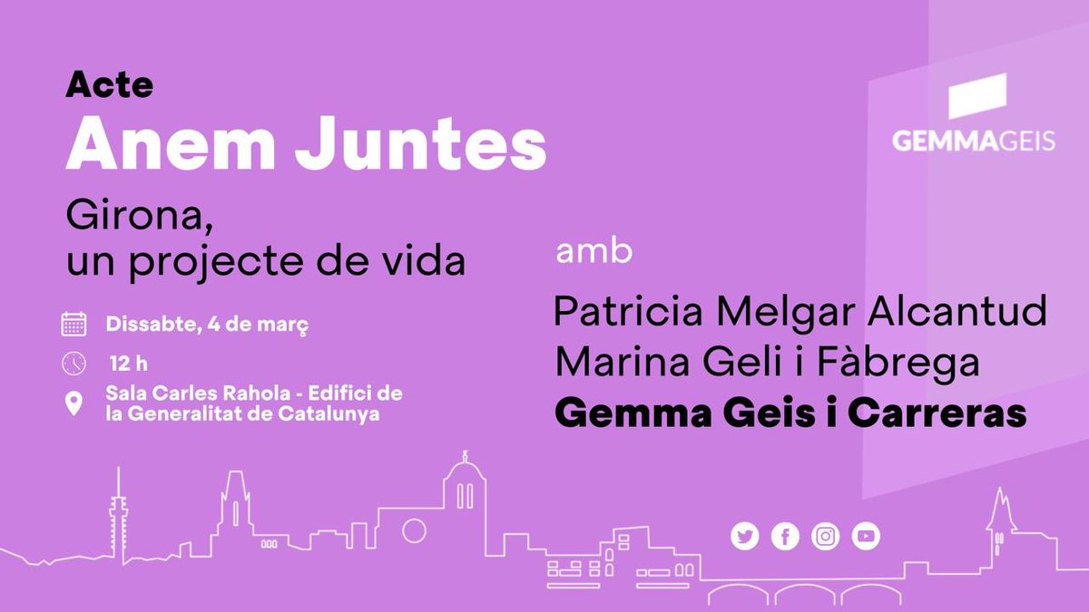 Gemma Geis i Carreras 🎗 (@gemmageis) on Twitter photo Aquest dissabte hem organitzat l’acte “Anem Juntes” amb motiu del #8M. Hi participaré juntament amb la <a href="/marinageli/">Marina Geli Fàbrega</a> i l’experta en polítiques amb perspectiva de gènere <a href="/PatriciaMelgar/">Patricia Melgar</a>.
Us hi espero! Aquest dissabte hem organitzat l’acte “Anem Juntes” amb motiu del #8M. Hi participaré juntament amb la <a href="/marinageli/">Marina Geli Fàbrega</a> i l’experta en polítiques amb perspectiva de gènere <a href="/PatriciaMelgar/">Patricia Melgar</a>.
Us hi espero!