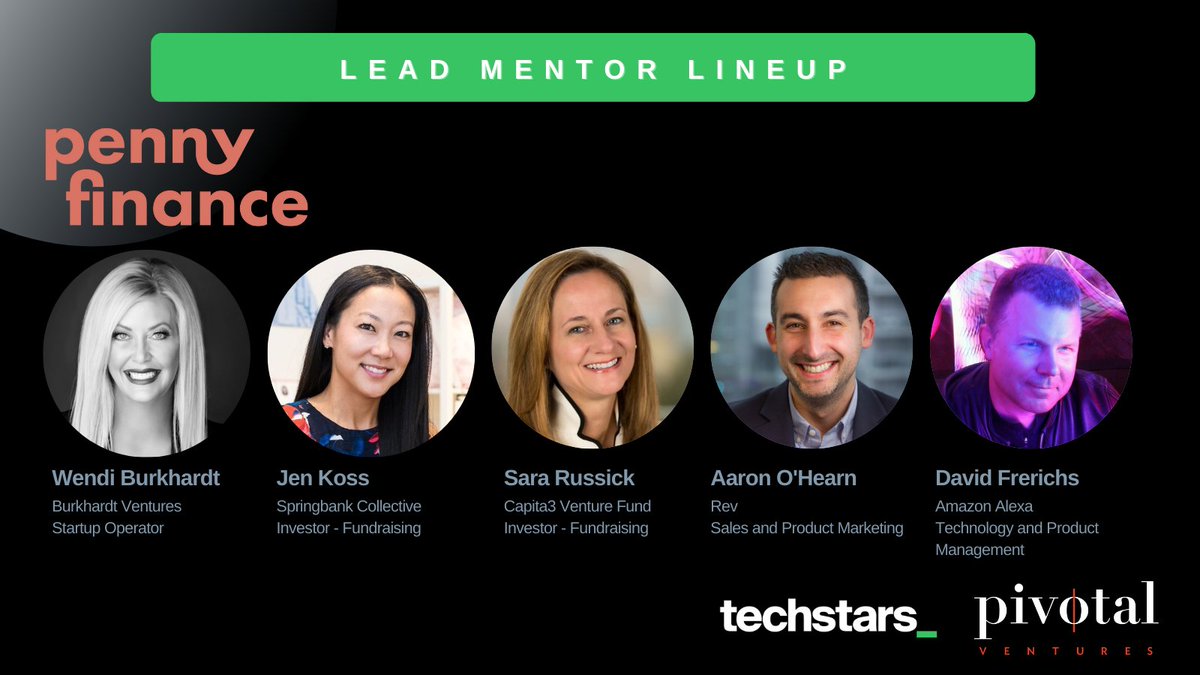 Today is Day 7 of our 10-day campaign to spotlight the Lead Mentor Lineup for each of our #TSLongevity companies. <a href="/startwithapenny/">startwithapenny</a> is delighted to work with Wendi Burkhardt, Jen Lee Koss, Sara Russick, Aaron O'Hearn, and David Frerichs. 

<a href="/Techstars/">Techstars</a> 
<a href="/pivotalventures/">Pivotal Ventures</a>