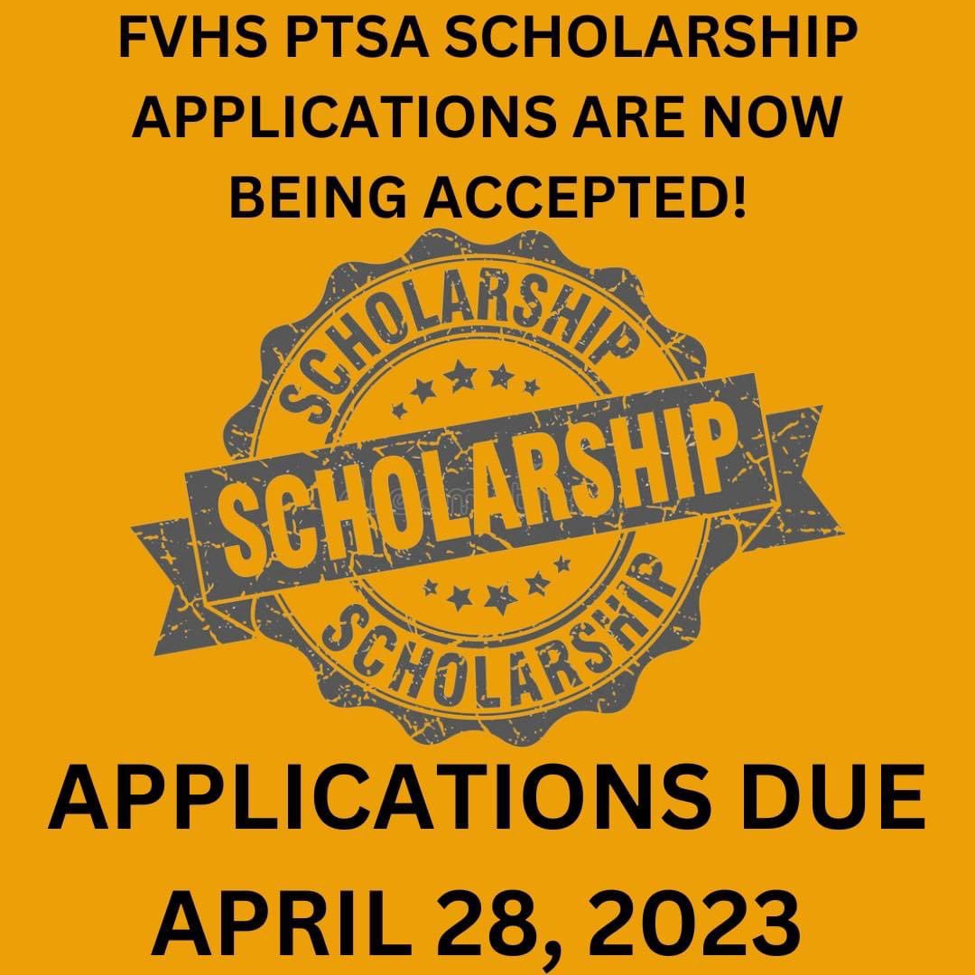 The FVHS PTSA scholarship application is now available on our website!  Applications are due no later than 2:30pm on Friday, April 28, 2023. 

fvhs.memberhub.com/w/scholarship