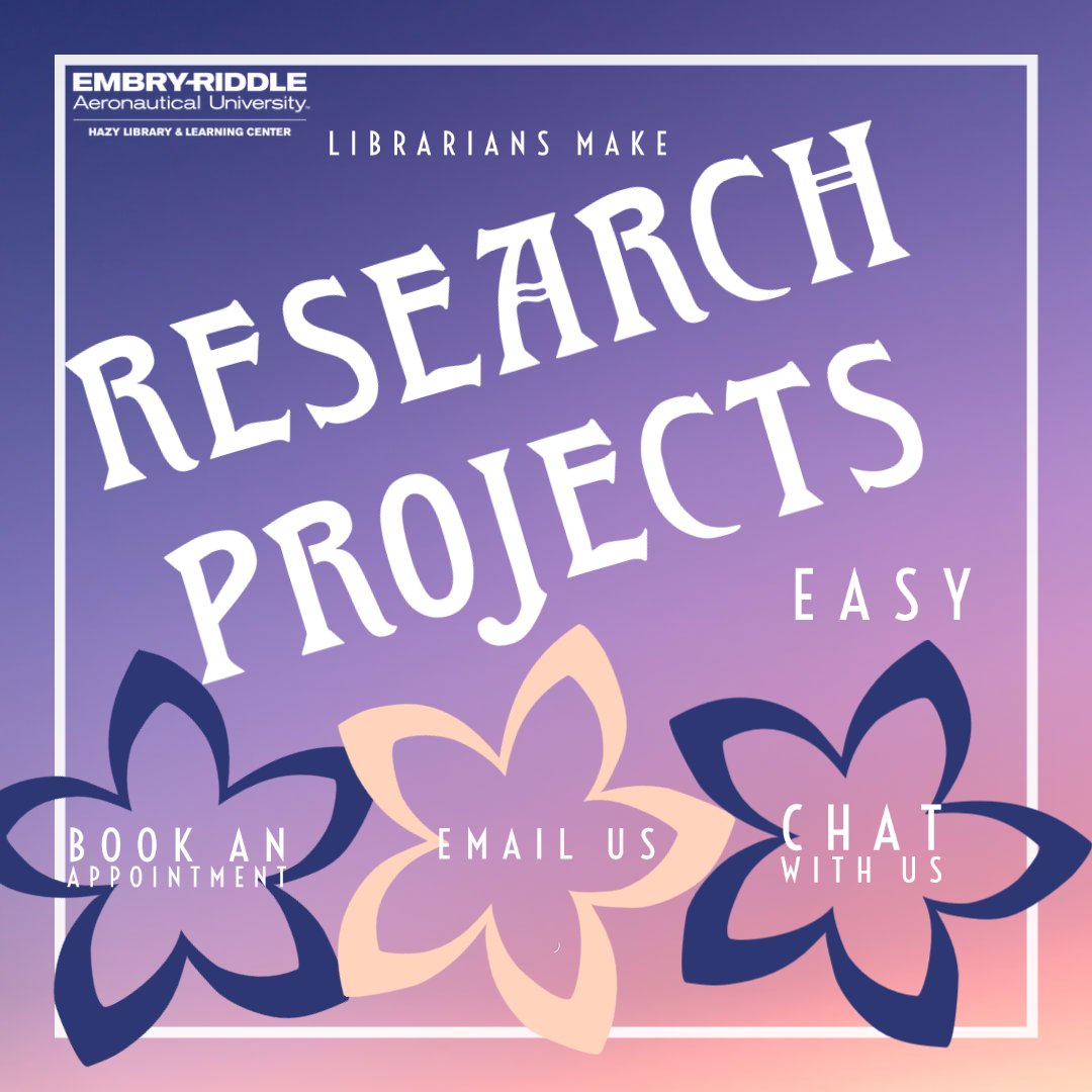 hazylibrary's tweet photo. Don't let research projects get you down. Meet with a librarian to get the help you need. We'll help you identify keywords, find the best sources, or cite it right. Drop by our offices, make an appointment, email, or chat with us.
#erauHazyLibrary #HazyLibrary #ResearchHelp https://t.co/NwIgaDXySk