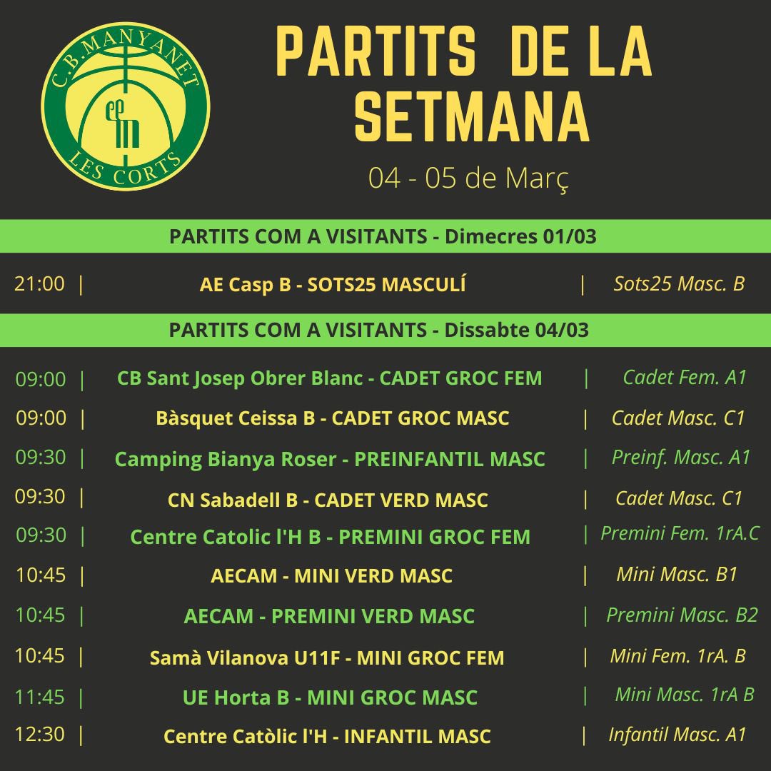 CBManyanet's tweet image. 📅Jornada del 04/05 de Març

➡️ Inici de jornada ahir amb partit del sots25 masculí.
➡️ Dissabte de matí al pati i llarga jornada com a visitants.
➡️ 21 partits on defensarem el verd-i-groc,🔥

#suemverdigroc 
#ForçaManyanet 💚💛