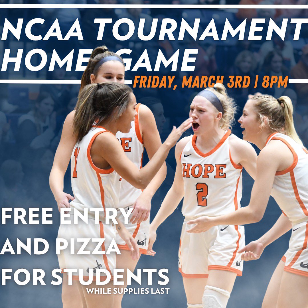 HopeDewCrew's tweet photo. First 200 students get in FREE tomorrow to the @HopeCollegeWBB game! Come cheer on the team as they take on St Norbert! 8:00pm at Devos! And we will have FREE pizza! 🍕🍕🍕

A special thanks to @presidentscogin and @hopeathletics for the FREE tickets! 

#GoHope https://t.co/lIZ9gCSpvj