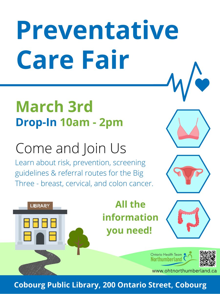 Come and join us for the OHT-N's second Preventative Care Fair on Friday, March 3rd at the Cobourg Public Library, located at 200 Ontario Street, Cobourg.