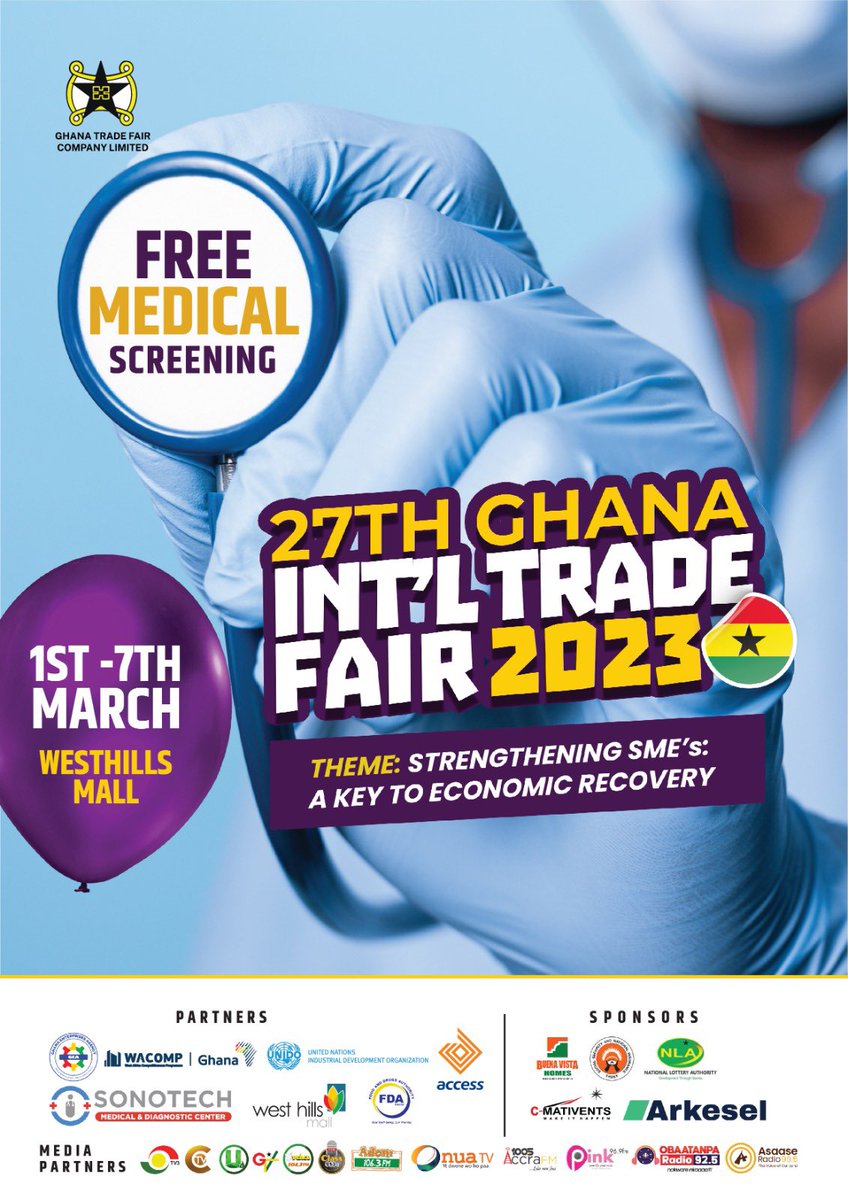 Sonotechgh's tweet photo. As part of our continuous service 🫶🏽 to the society and the nation🇬🇭
Sonotech is providing medical screening 🩺to all who attend the fair as part of our partnership 🤝 with the Ghana trade fair company limited for the 27th Ghana Int’l Trade Fair 2023.
#sonotech #tradefair https://t.co/UIGXS43Y1y