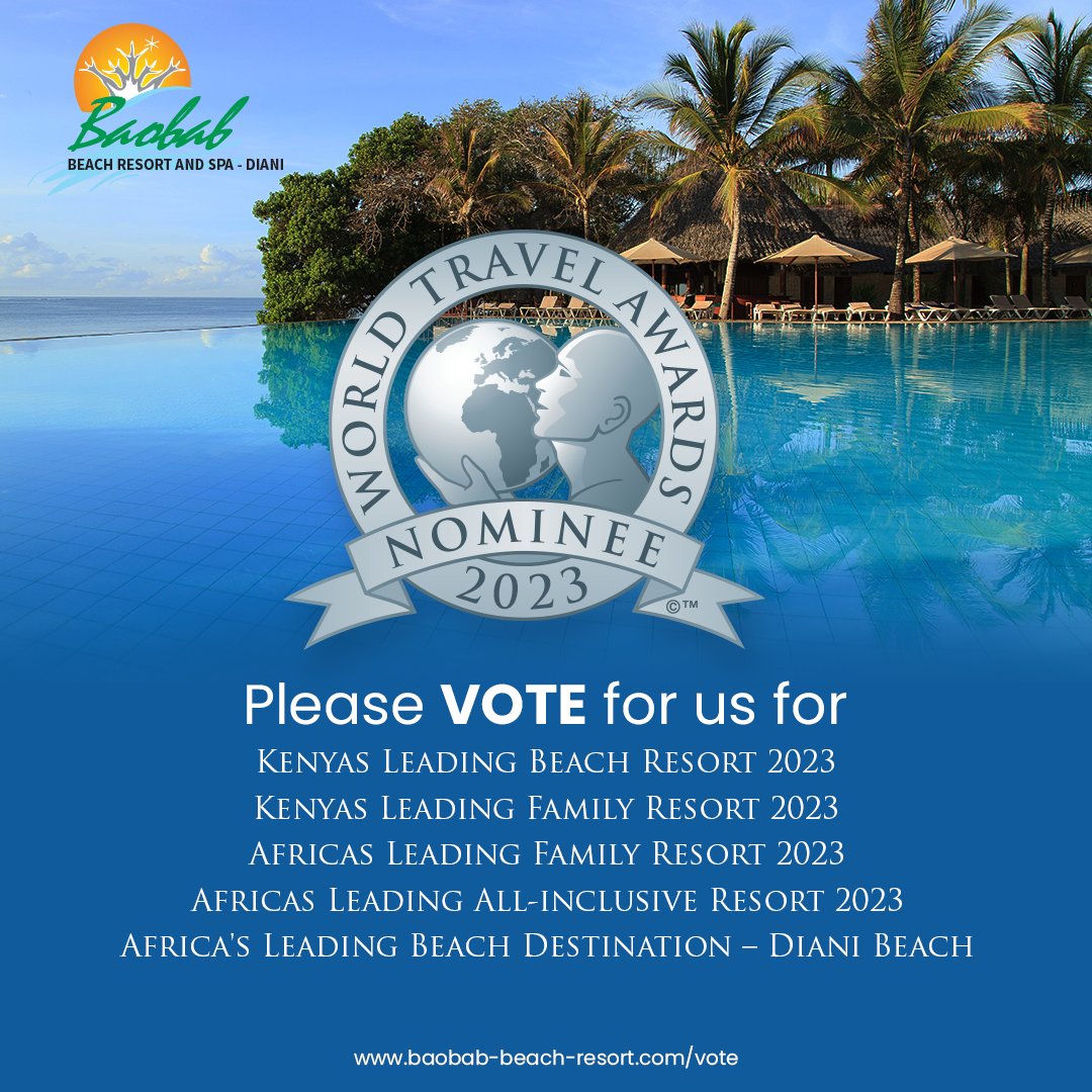 BaobabBeachRnS's tweet photo. We are happy to announce that Baobab Beach Resort &amp; Spa is a 2023 World Travel Awards nominee in Four Categories:
1. AFRICA'S LEADING ALL INCLUSIVE RESORT
2. AFRICA'S LEADING FAMILY RESORT
3. KENYA'S LEADING BEACH RESORT
4. KENYA'S LEADING FAMILY RESORT
https://t.co/xfQLVKOmFc https://t.co/kYFEFBGvtr