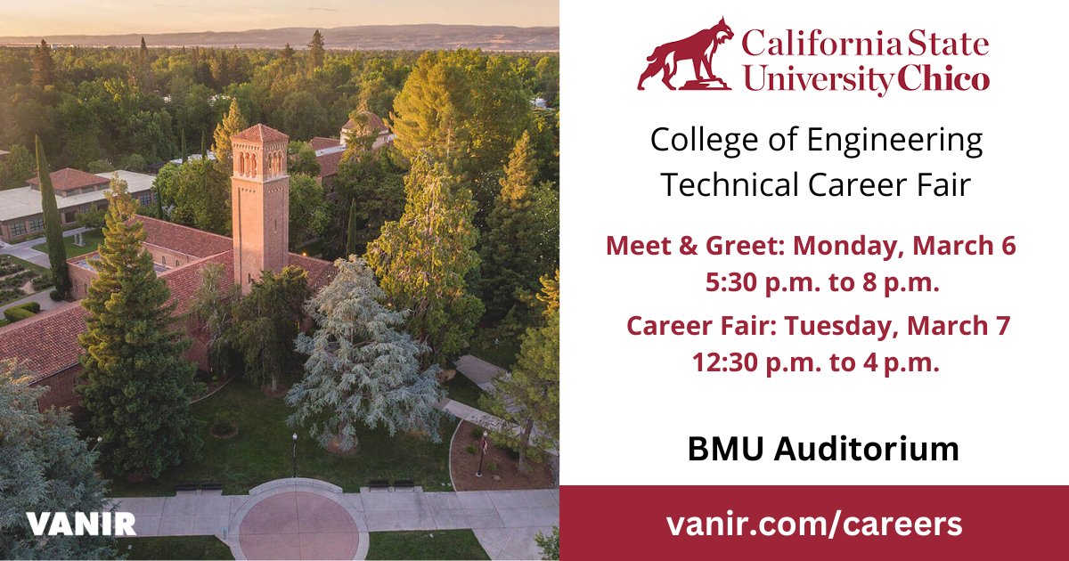 VanirCM's tweet photo. #WeAreVanir will be at the @ChicoState College of Engineering Technical #CareerFair hosted by the MESA Engineering Program. Stop by our table to learn more about careers at Vanir and become part of our award-winning team! #JobFair #NowHiring #ConstructionManagementJobs #Chico https://t.co/1BrwUwnHVh