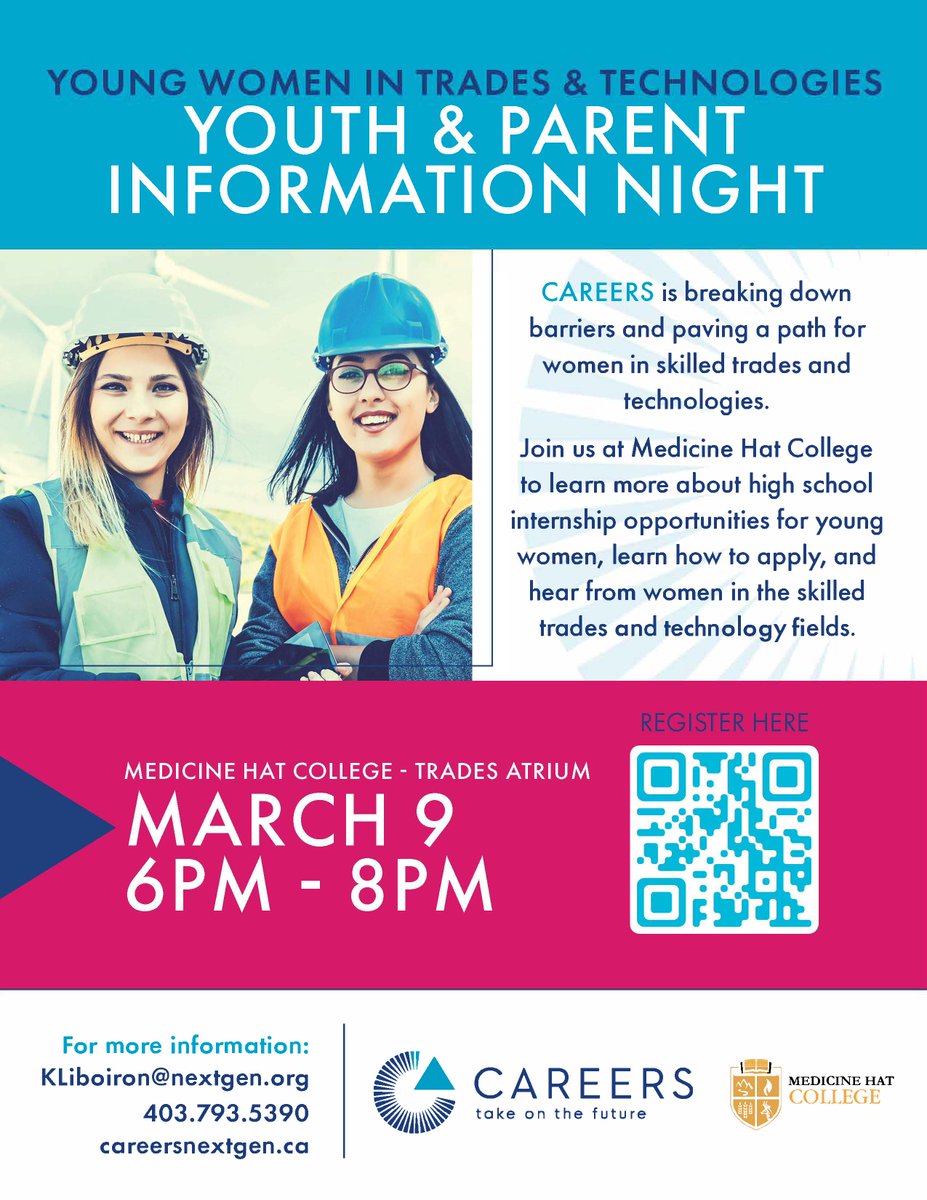Join CAREERS on March 9th to explore opportunities for Young Women in Trade &amp; Technologies at the <a href="/MHCollege/">Medicine Hat College</a> . Scan the QR Code to register or follow the link: tfaforms.com/5042646