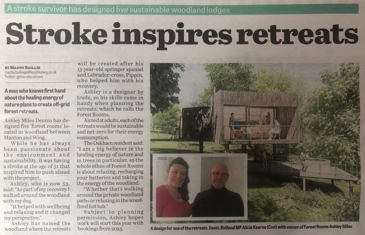 ForestRooms's tweet photo. Article in this weeks @therutlandtimes on the Forest Rooms ECO Tourist project in Rutland. Even my dog Pippin gets a mention 😀
Just waiting on planning now...
@TheStrokeAssoc @AStrokeOfLuckUK @uhl_stroke @DiscoverRutland @rutlandcouncil @rutlandliving #rutland #pippinwood https://t.co/b2o1EPGBs1