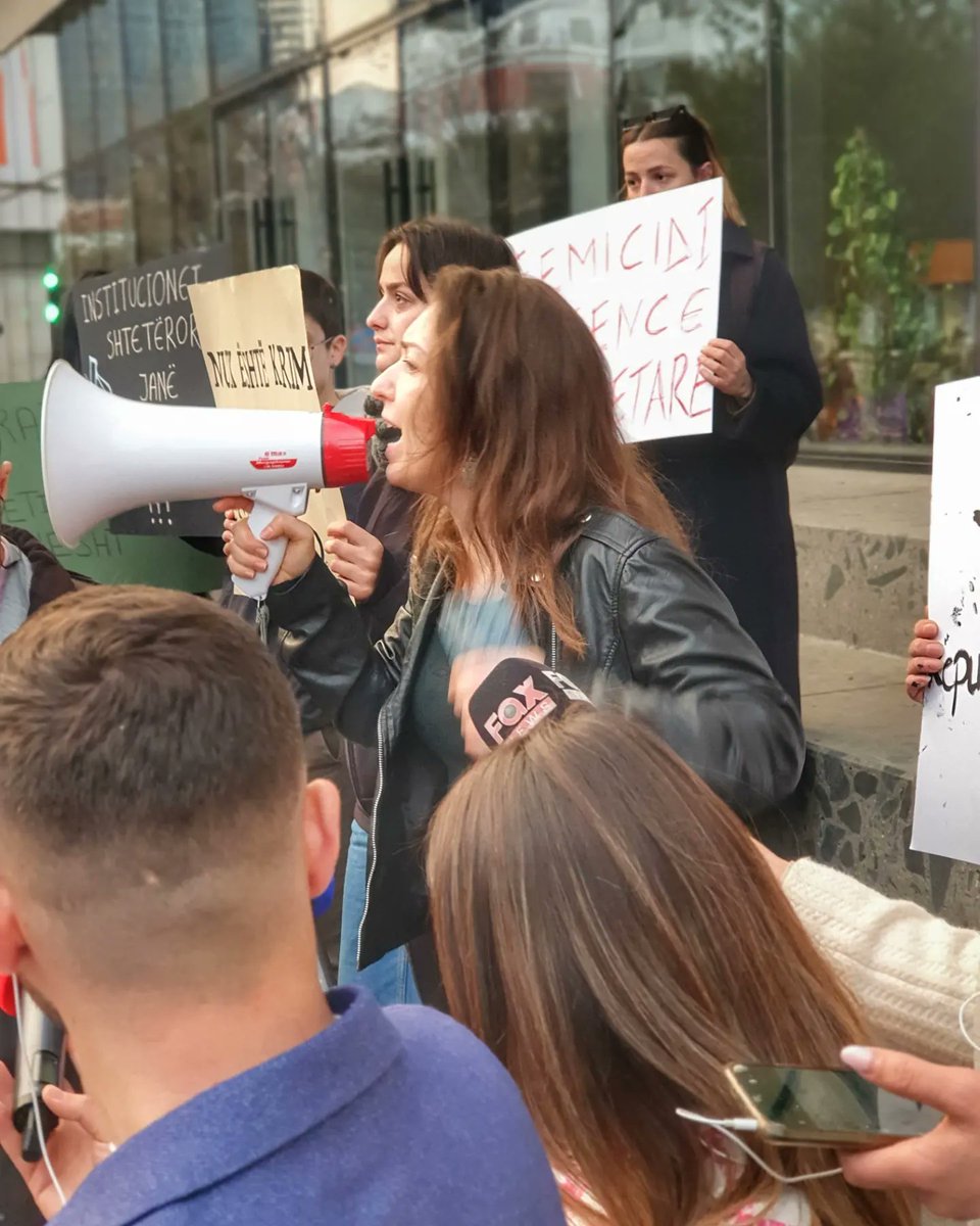 Aliceinalbania's tweet photo. Protesting in Tirana against femicide and institutional inaction after the triple murder of three women by a man previously convicted of murdering his ex wife, rape, and domestic violence. https://t.co/bbqiT4yxrx