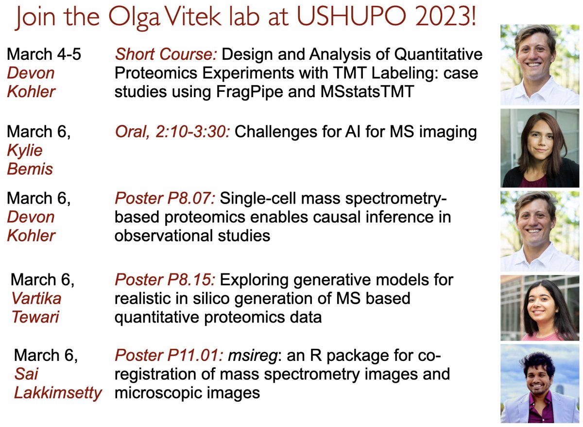 The Vitek lab is coming to <a href="/us_hupo/">US HUPO</a> in full force! Come hear more about recent projects by <a href="/kuwisdelu/">Kylie Ariel</a> @devonjkohler <a href="/Vartika_t/">Vartika Tewari</a> and Sai