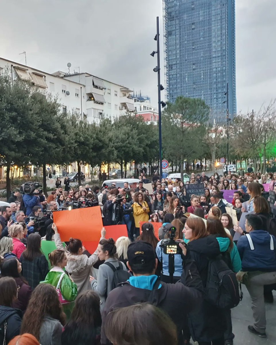 Aliceinalbania's tweet photo. Protesting in Tirana against femicide and institutional inaction after the triple murder of three women by a man previously convicted of murdering his ex wife, rape, and domestic violence. https://t.co/bbqiT4yxrx