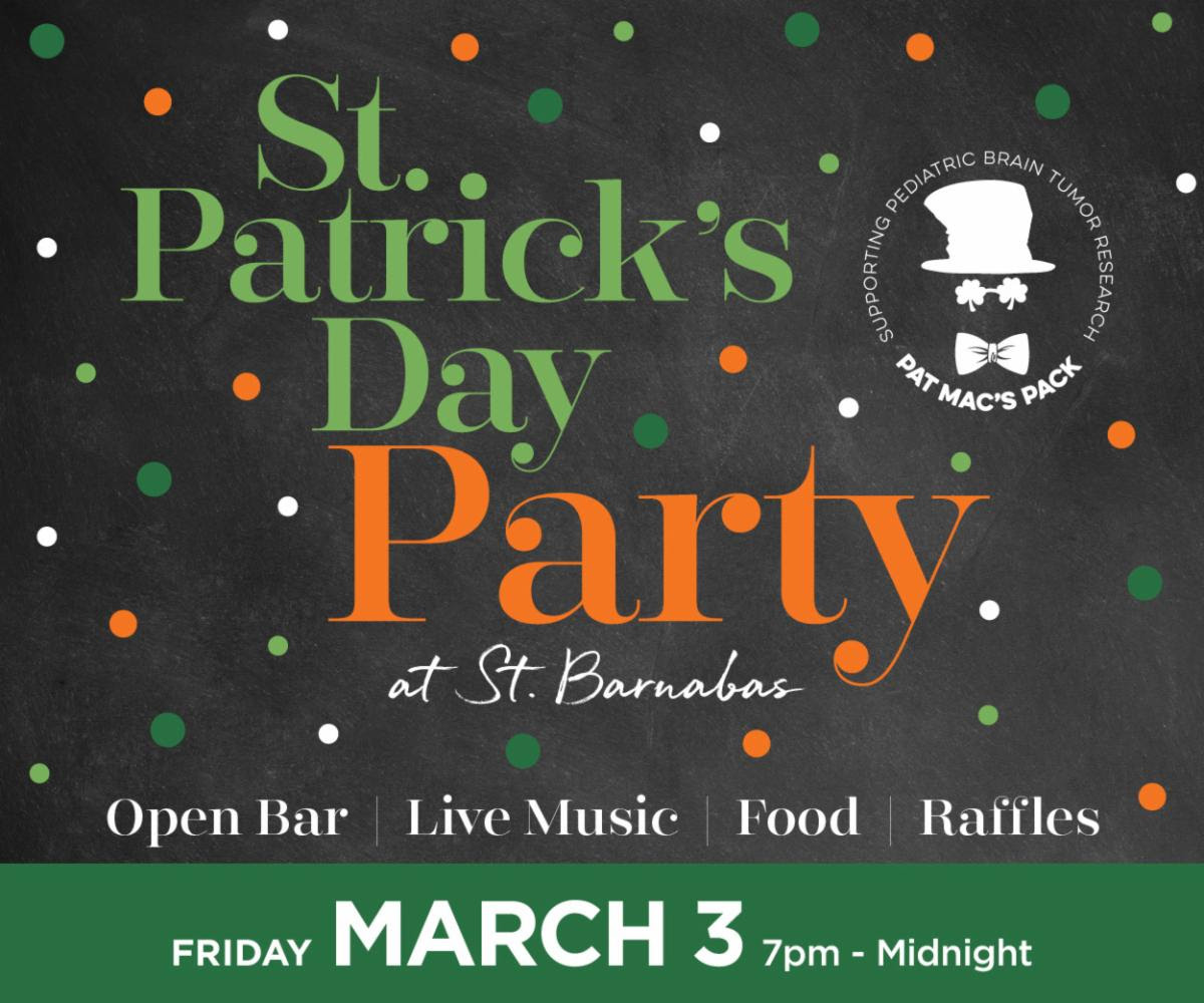 The Party of the Year is tomorrow! Get your tickets in advance! Tomorrow, #PatMacsPack returns to St. Barnabas for our annual St. Patrick's Day Party and fundraiser We can't wait to see you there! 
Purchase your tix in advance! fundraise.givesmart.com/e/DKOx0Q?vid=x…