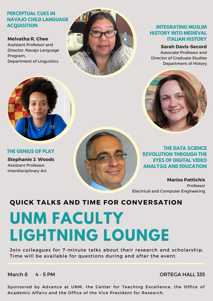 Hope to see you 3/8 at the <a href="/UNM/">Univ. of New Mexico</a> Faculty Lightning Lounge! Topics include Navajo child language acquisition, integrating Muslim and medieval Italian history, data science in digital video analysis and the genius of play. <a href="/LinguisticsUnm/">UNM Linguistics</a> <a href="/UNMengineering/">UNM Engineering</a> <a href="/UNMfinearts/">UNM Fine Arts</a> <a href="/UNMResearch/">UNM Research</a>
