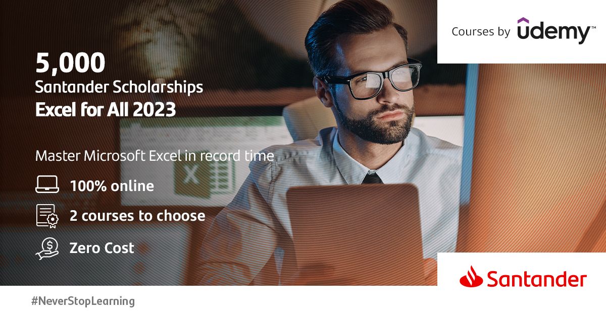 Santander is hosting its 'Excel for all' online programme to help enhance excel skills.

Participants can choose between two courses, complete Microsoft Excel Course, and Advanced Microsoft Excel.

5000 places are available, so make sure to enroll now 👉 bit.ly/3HMDoOy
