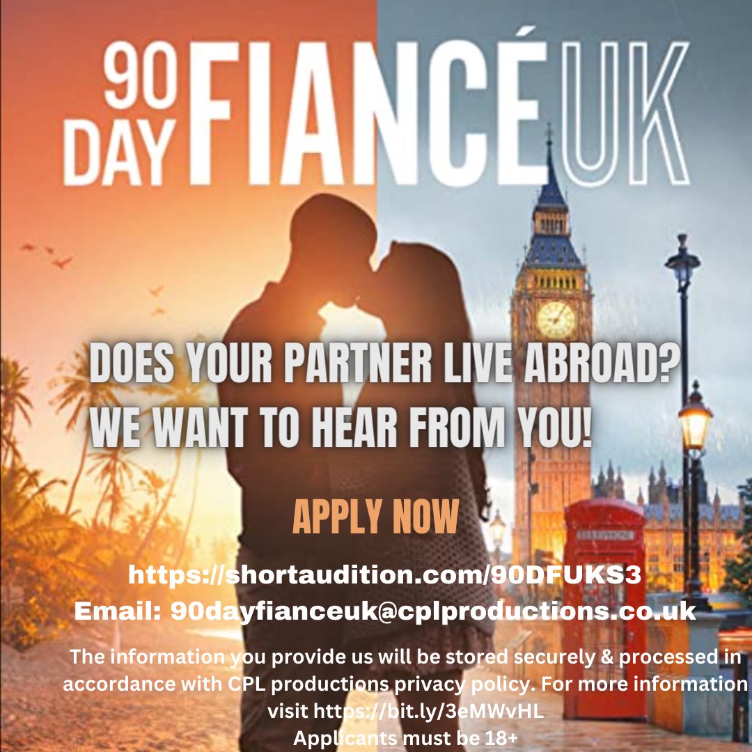 ❤️ ‘90 DAY FIANCE UK’ is currently casting for couples in a long-distance relationship who are looking to tie the knot ￼   We’d love to hear your LOVE STORY! ￼   APPLY NOW:   shortaudition.com/90DFUKS3   MAIL: 90dayfianceuk@cplproductions.co.uk