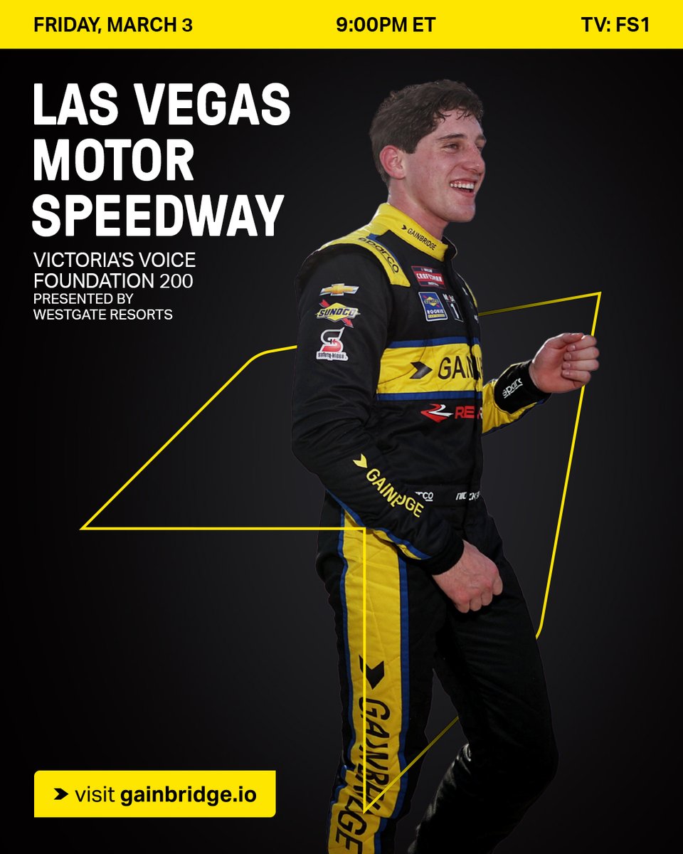 It’s Vegas week for <a href="/Nicksanchez080/">Nicholas Sanchez</a>! 

We’re hoping the <a href="/RevRacin/">Rev Racing</a> No. 2 Gainbridge Chevrolet hits the jackpot.

📺: <a href="/FS1/">FS1</a>