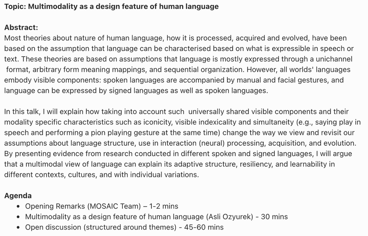 UofG_MOSAIC's tweet photo. Our next MOSAIC meeting will be on 'Multimodality as a design feature of human language' hosted by @Limor_Raviv and featuring @ozyurek_a from @Multimodallang @MPI_NL . All welcome!
Thur, 30 March, 2pm-3.30pm UK time on Zoom (link: contact @jonasnoelle) https://t.co/SvDnxPcBQk