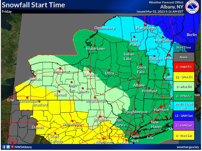 NWSAlbany's tweet photo. Here is the latest snowfall start time for Friday across NY into western New England from this morning. Some of the time ranges may slightly change with later updates on the complex winter storm system.   #nywx #vtwx #mawx #ctwx https://t.co/A8j7fKqtBA