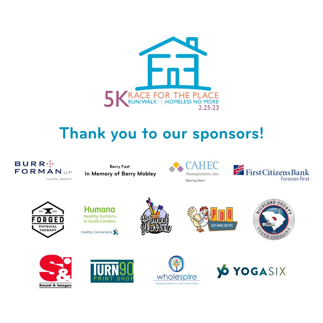 Homeless No More (@hnm_sc) on Twitter photo We want to say a sincere thank you to
<a href="/HNM_SC/">Homeless No More</a>'s 2023 Race for the Place sponsors. Their support not only makes our annual race possible, it allows us to meet the needs of each family we serve at the right time. Thank you for being a part of the Homeless No More family. #rftp23 We want to say a sincere thank you to
<a href="/HNM_SC/">Homeless No More</a>'s 2023 Race for the Place sponsors. Their support not only makes our annual race possible, it allows us to meet the needs of each family we serve at the right time. Thank you for being a part of the Homeless No More family. #rftp23