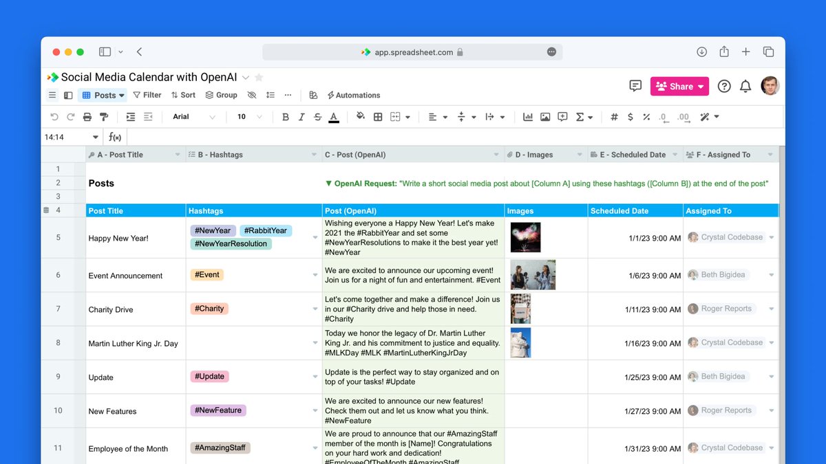 spreadsheetcom's tweet image. Use Spreadsheet.​com&apos;s Social Media Calendar template with #OpenAI to plan, assign, and schedule upcoming social posts in minutes and #GetSheetDone. buff.ly/3Iybk1C