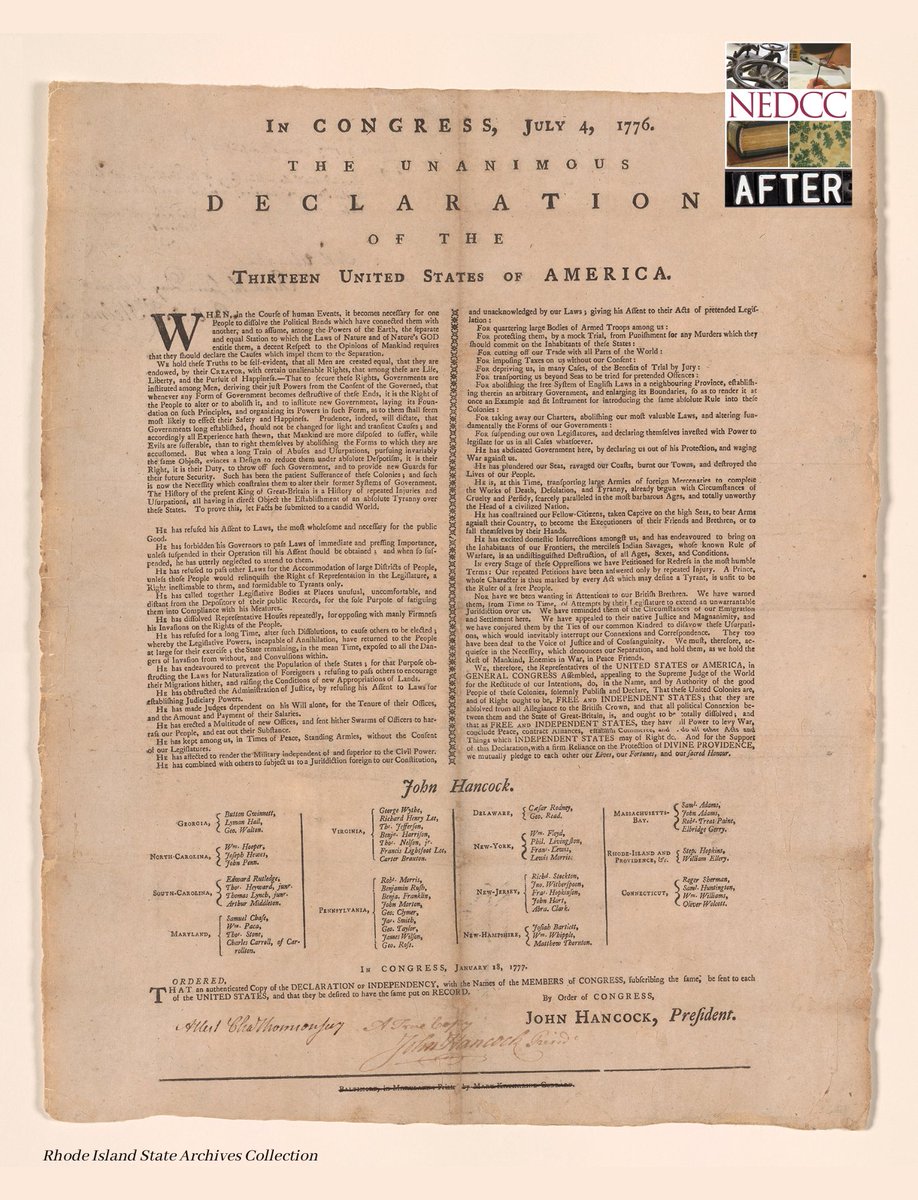 NEDCCInfo's tweet photo. In 1777, Congress commissioned Mary Katharine Goddard to print the #DeclarationofIndependence. Hers was the first broadside to include the names of the signatories, as seen in this copy held in the @RISecState Archives. #WomensHistoryMonth #PaperConservation #PaperConservator https://t.co/DFxY3WdHtL