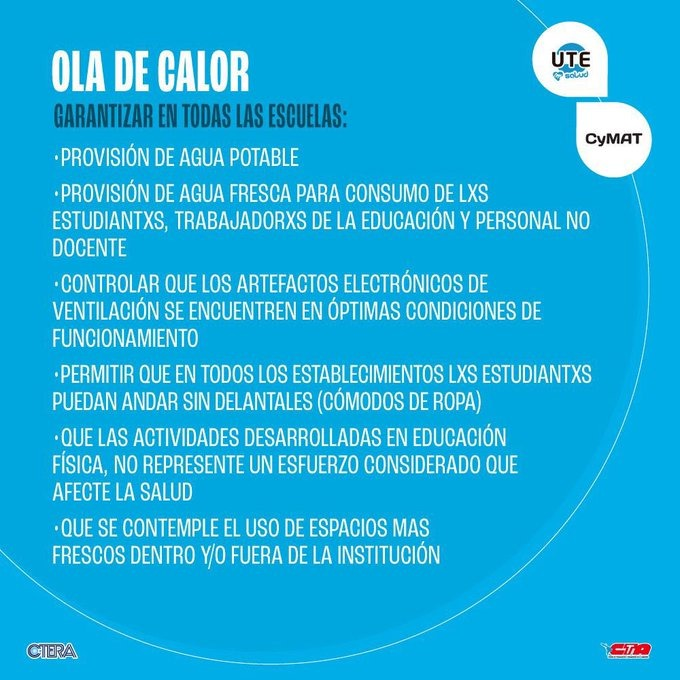 La ola de calor deja en descubierto la falta de funcionamiento y el mal estado de los artefactos de ventilación en la Ciudad.

Desde @utecymat compartimos recomendaciones a tener en cuenta 👇🏻