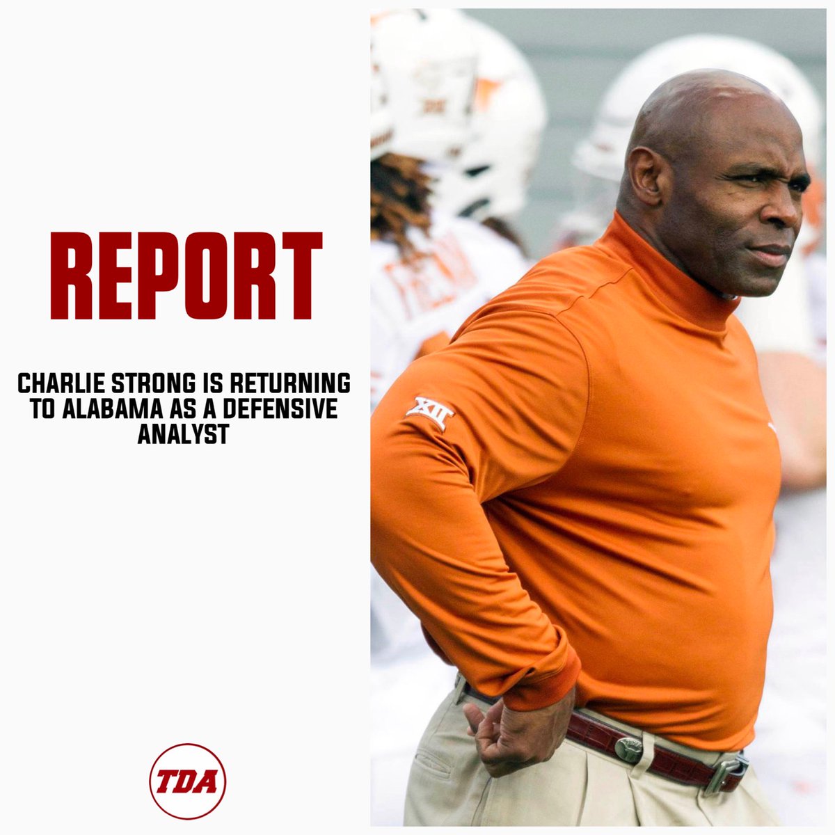 TDAlabamaMag's tweet image. Charlie Strong is heading back to Tuscaloosa as a defensive analyst.

He won a national championship as an analyst in 2020 on the Tide's staff.
