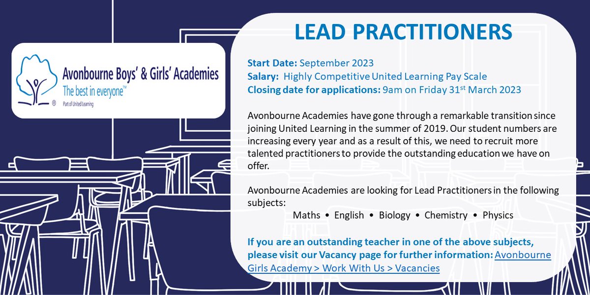 Come join us at Avonbourne! We have Lead Prac positions available in science - so if you like the following please apply: centralised planning, booklets, WCF, centralised behaviour policy, regular CPD and a fun department!
