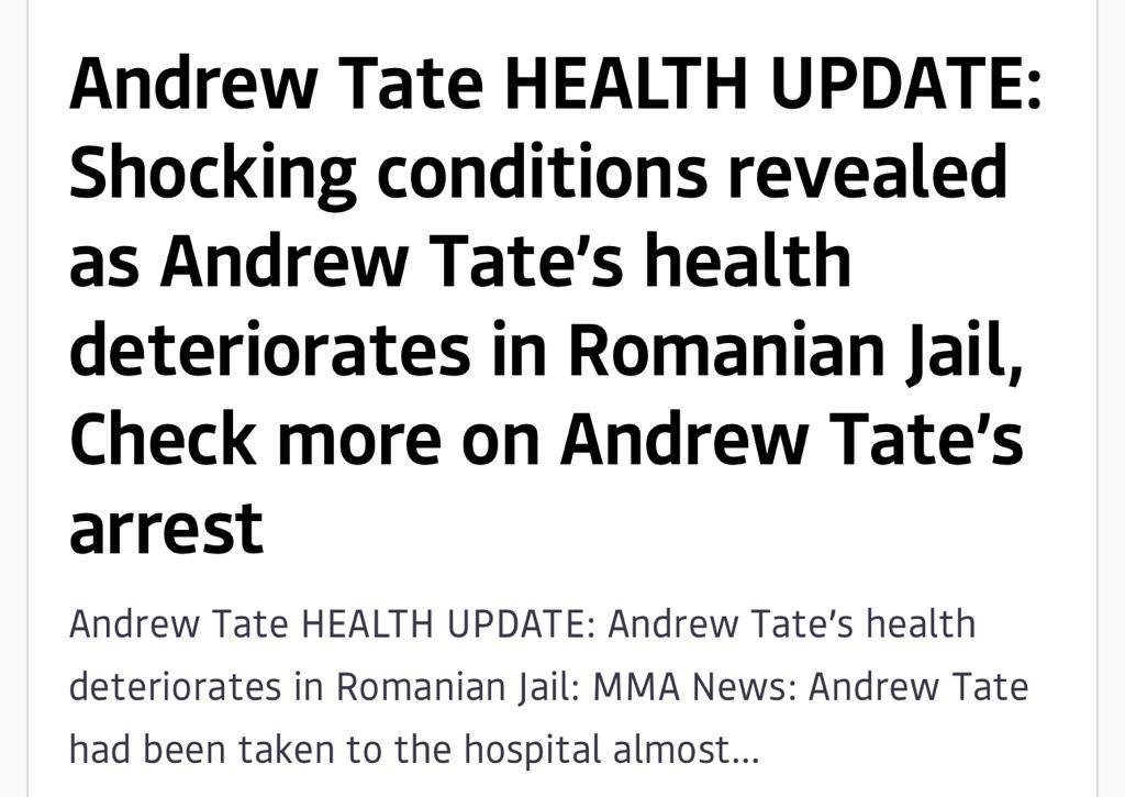 There had been reports that due to the conditions in Romanian prison, Andrew Tate’s health has deteriorated. 

In recent videos Andrew Tate’s condition does not look good. /3