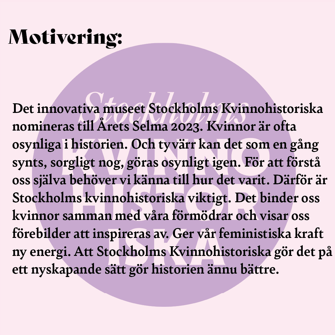 Wow, vi är nominerade till #ÅretsSelma 2023! 💣 Priset delas ut den 8 mars av bokförlaget Romanus & Selling till en person eller organisation som har gjort ett betydande avtryck i jämställdhetsdebatten.
Läs deras motivering här: kvinnohistoriska.se/nyheter/arets-…