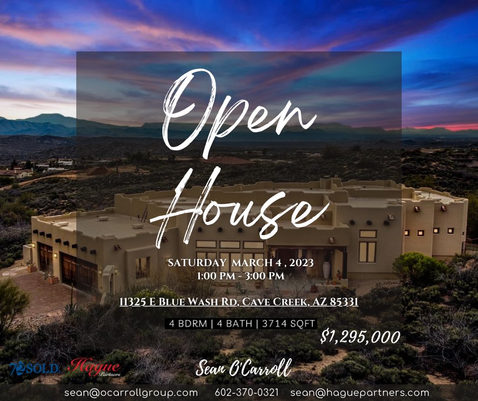 OPEN HOUSE! ✨🍾

11325 E Blue Wash Rd, Cave Creek, AZ 85331 ✨

Come join us this weekend for an open house at Blue Wash Rd! 🏞️

#72soldaz #72sold #seanocarroll1 #realestateforsalescottsdale
#haguepartners #realestateagent #azluxuryhomes