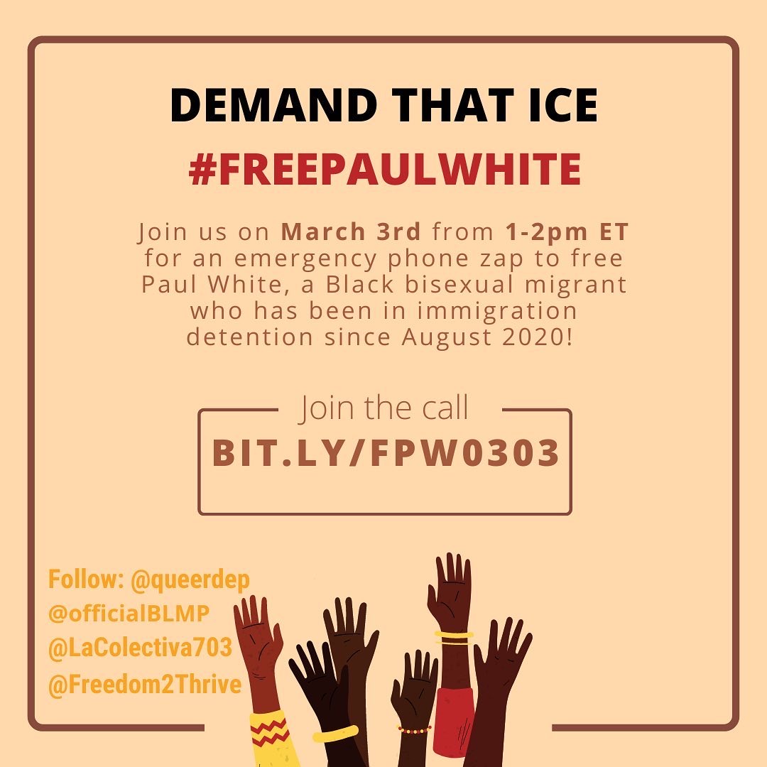 Support the fight to #FreePaulWhite!

Join the phone zap tomorrow at 1pm ET: bit.ly/FPW0303
Use the campaign toolkit: bit.ly/FreePaulToolkit
Donate to support Paul's family: bit.ly/fundpw