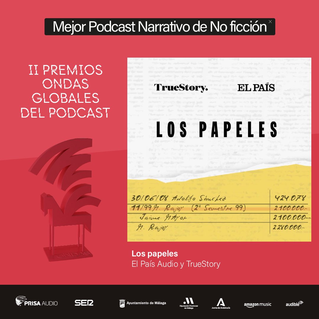 <a href="/audible_com/">Audible</a> <a href="/PRISA/">PRISA</a> @CocteleraMusic <a href="/AlexGarciaAmat/">Alex García Amat</a> <a href="/nuriapuntonet/">Núria Net</a> <a href="/cecibastida/">Ceci Bastida</a> <a href="/Audible_ES/">Audible.ES</a> <a href="/SERPodcast/">SER Podcast</a> <a href="/PodiumPodcast/">Podium Podcast</a> <a href="/NilMarba/">Nil Marbà</a> <a href="/Extraordinario/">El Extraordinario</a> <a href="/marcushurst/">Marcus H</a> @ndrqsd <a href="/amazonmusic/">Amazon Music</a> <a href="/Spotify/">Spotify</a> <a href="/charolopez/">charo lopez</a> <a href="/_alexismoyano/">Alexis Moyano</a> <a href="/SpotifyARG/">Spotify Argentina</a> <a href="/MySwitzerlandES/">Suiza Turismo</a> <a href="/malaga/">Ciudad de Málaga</a> <a href="/AndaluciaJunta/">Junta de Andalucía</a> <a href="/AdondeMedia/">Adonde Media</a> <a href="/martinacastro/">Martina Castro</a> <a href="/Marinelli1972/">Alejandro Marinelli</a> <a href="/mmarianop/">Mariano M Pagella 🎧🎤</a> <a href="/LauraUbate/">Laura Ubaté</a> <a href="/teorodriguezcom/">Teo Rodríguez</a> <a href="/somosdada/">Dada Films</a> <a href="/javierbodalo/">Javier Bódalo</a> <a href="/inakisanroman/">Iñaki San Román</a> <a href="/drexlerjorge/">Jorge Drexler</a> <a href="/CancionExploder/">Canción Exploder</a> <a href="/ponchohd/">Alfonso Herrera</a> <a href="/SpotifyMexico/">Spotify Mexico</a> <a href="/Spotify_LATAM/">Spotify LATAM</a> <a href="/DCComics/">DC Comics</a> <a href="/cristinamitre/">cristina mitre</a> <a href="/LaVidaYTaI/">LA VIDA Y TAL</a> <a href="/SebastianGAB/">Sebastián Gallego</a> <a href="/PodimoSpain/">Podimo Spain</a> <a href="/PodimoLatam/">Podimo Latam</a> <a href="/JuanjoRengel/">Juanjo Rengel 🎙️</a> <a href="/idoiacantolla/">Idoia Cantolla</a> <a href="/juanlusanchez/">Juanlu Sánchez</a> <a href="/Nuksazi/">Izaskun Pérez</a> <a href="/garciasantonja/">Marcos García Santonja</a> <a href="/carmenciti/">Carmen Ibáñez</a> <a href="/seregalandudas/">Se Regalan Dudas Podcast</a> @Betinaserrano Mejor Podcast Narrativo de No ficción para 'Los papeles', <a href="/el_pais/">EL PAÍS</a>  Audio y TrueStory

Por su gran calidad tanto narrativa como periodística. Por involucrar a quien escucha en una historia compleja, llena de datos y de personajes no necesariamente conocidos. 

#OndasDelPodcast