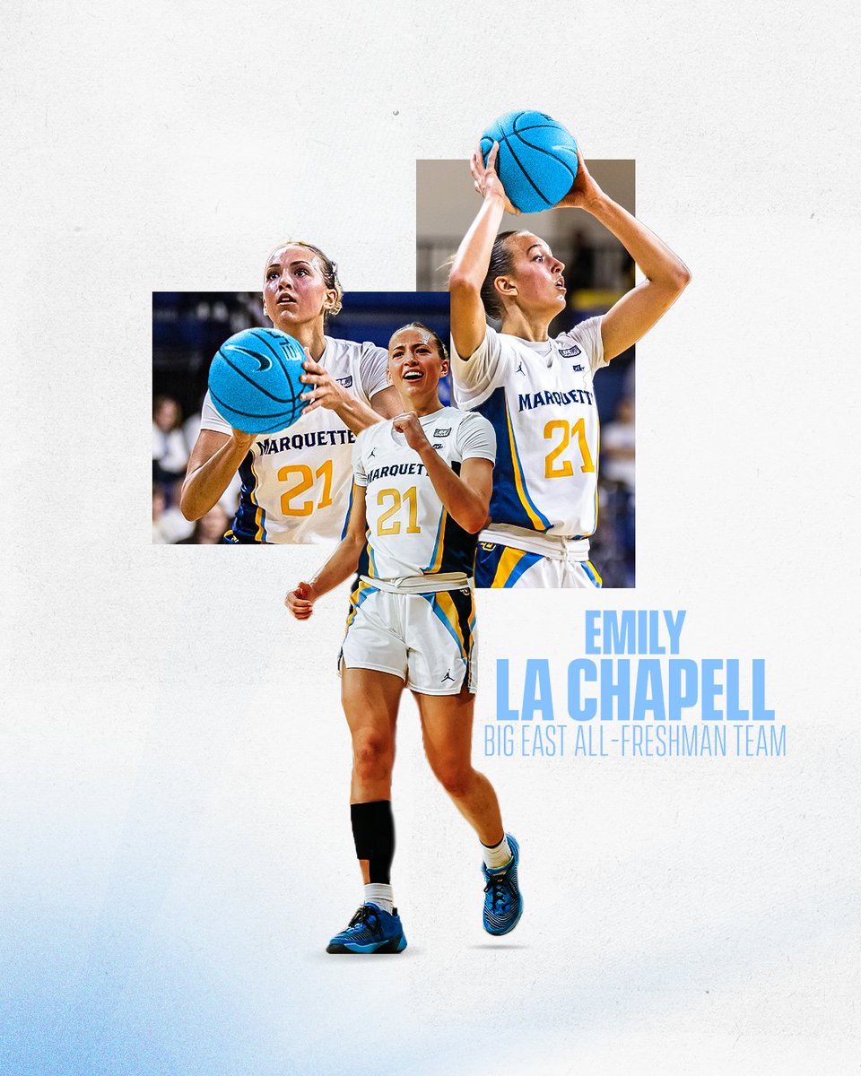 MarquetteWBB's tweet photo. 𝘽𝙄𝙂 𝙀𝘼𝙎𝙏 𝘼𝙡𝙡-𝙁𝙧𝙚𝙨𝙝𝙢𝙖𝙣 𝙏𝙚𝙖𝙢🏅
 
Congratulations to Emily La Chapell on being selected to the BIG EAST All-Freshman Team‼️

#MUWBB https://t.co/DdXvzb99lb