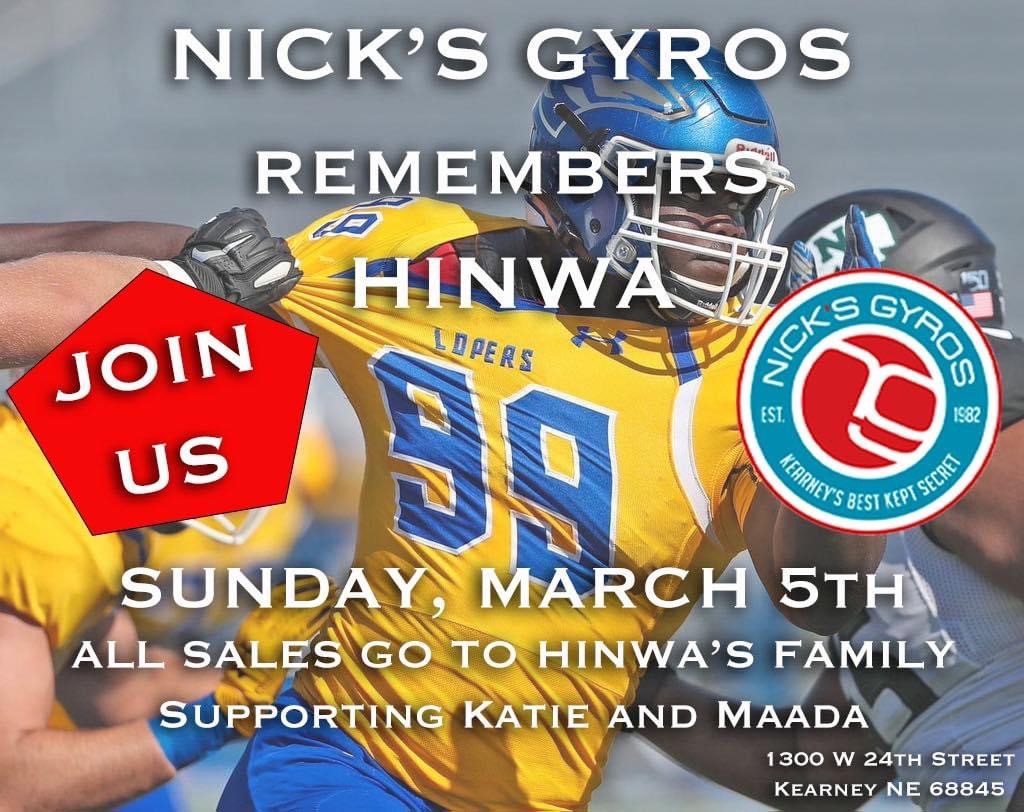 Come out on Sunday (March 5) to support <a href="/UNK_Football/">UNK Football</a> alum Hinwa Allieu The nicksgyro-hinwa.itemorder.com store will also be open until March 12 #Hinwa #RIP99 🇸🇱