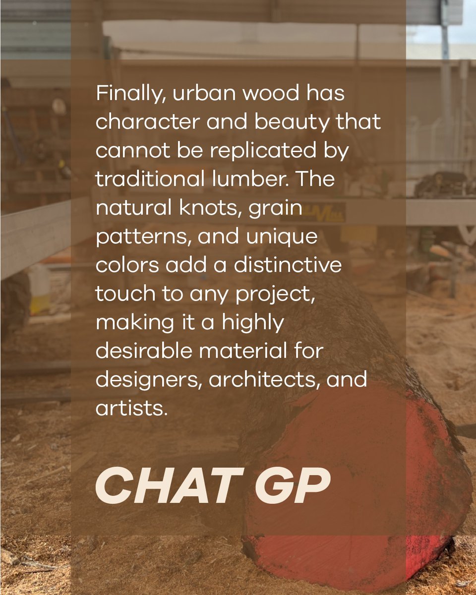 I am quite certain I have read this copy before in my research and a little came directly from our about page. Luckily, I am not being graded on this.

#chatgp #urbantimber