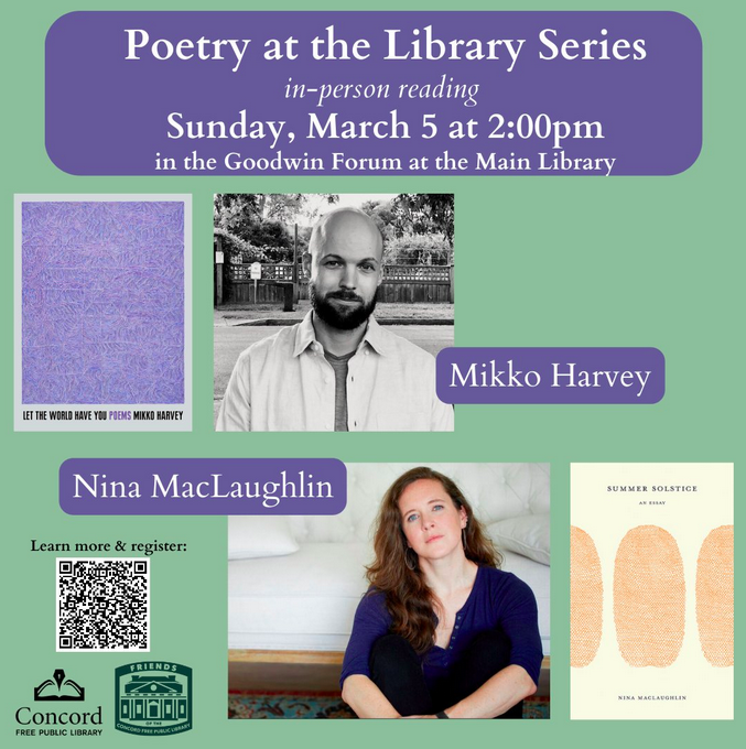 I loved the poems in @mikkoharvey's collection LET THE WORLD HAVE YOU and I can't wait to read with him on Sunday at the Concord Free Public Library. Come join us!