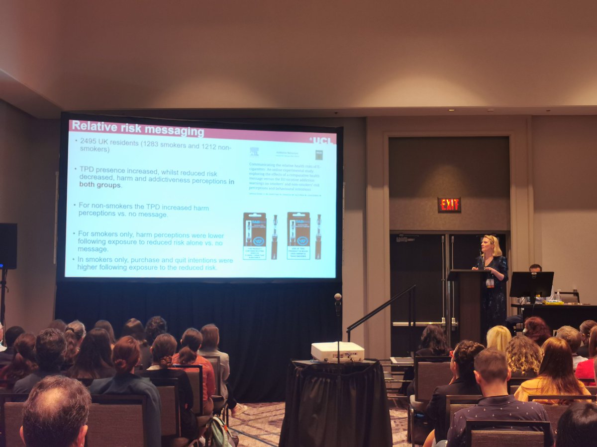 Packed house for <a href="/Sharon_ACox/">Sharon Cox</a> talking about attention to relative risk messages on e-cigarette warning labels #SRNT2023. Key finding: Smokers pay less attention to e-cig warning labels than never smokers. Warning labels need to capture attention! <a href="/UCL_TARG/">UCL_Tobacco_Alcohol</a> <a href="/CABR_LSBU/">Centre for Addictive Behaviours Research</a>
