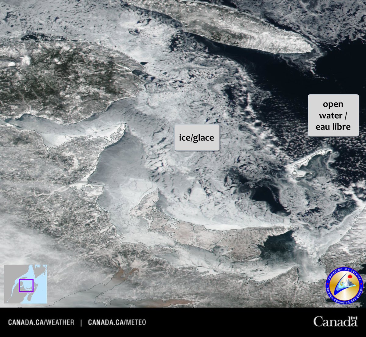 ECCC_CIS's tweet image. Recent cold temperatures have caused significant ice growth across much of the western Gulf of St. Lawrence region,  as seen in this visual #satellite image from the end of February. #MODIS #seaice #icebreaking
